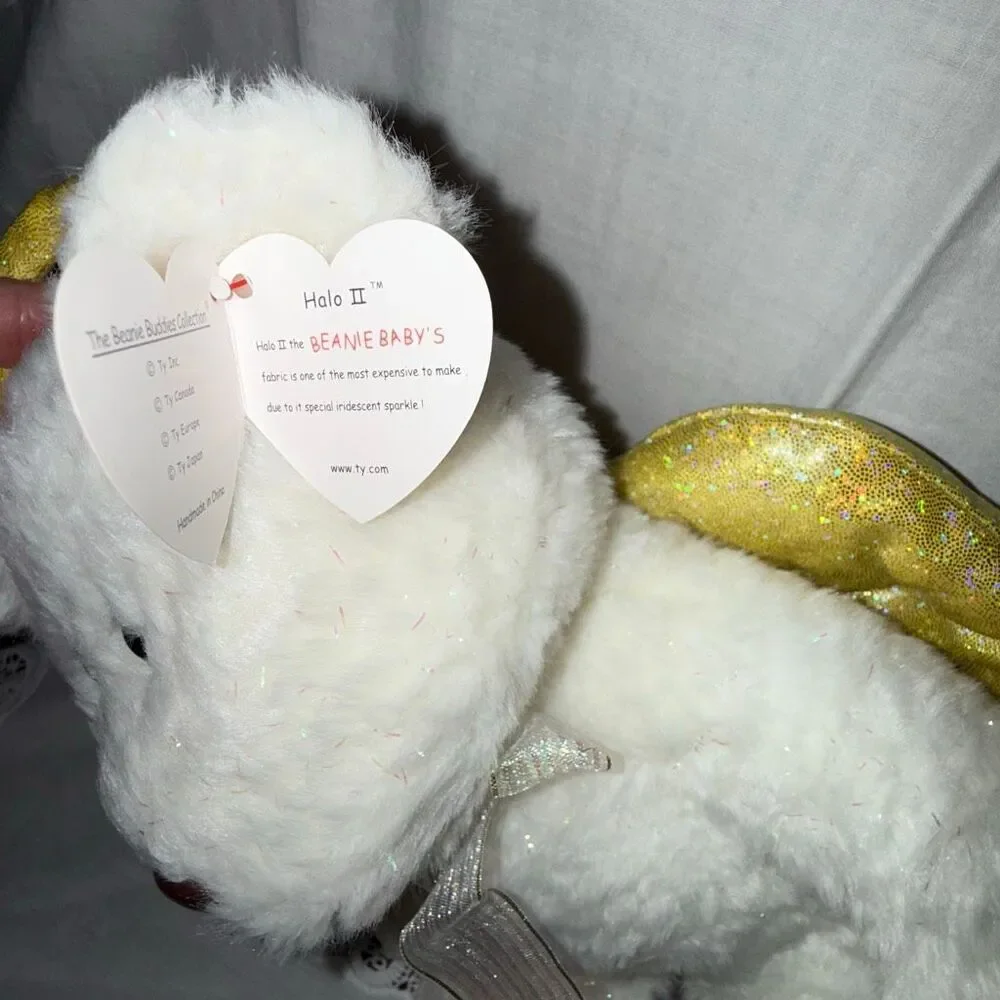 Ty Beanie Buddy Halo II Angel Bear 2000 White Gold Wings Iridescent Sparkle MWMT